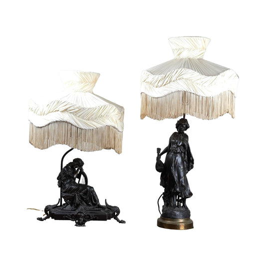 Vintage Pair of Art Nouveau Bronze Finish Figural Lamps c. 1920