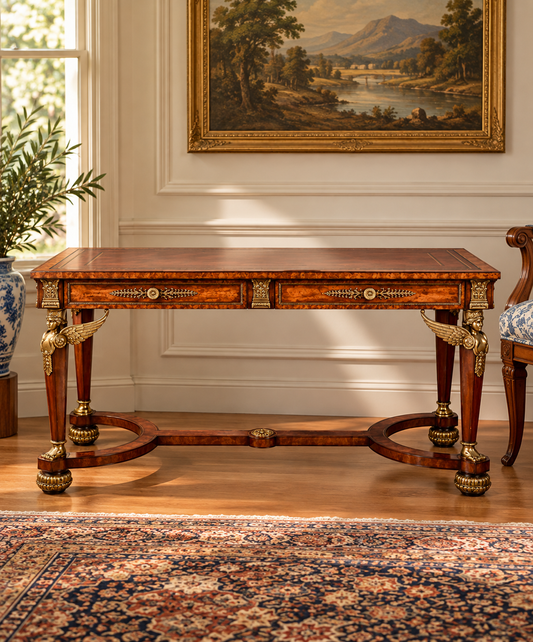 A Maitland Smith Vintage French Empire Style Partners Desk in mahogany with two drawers, brass mounts featuring winged figures on the legs, and a trestle base.