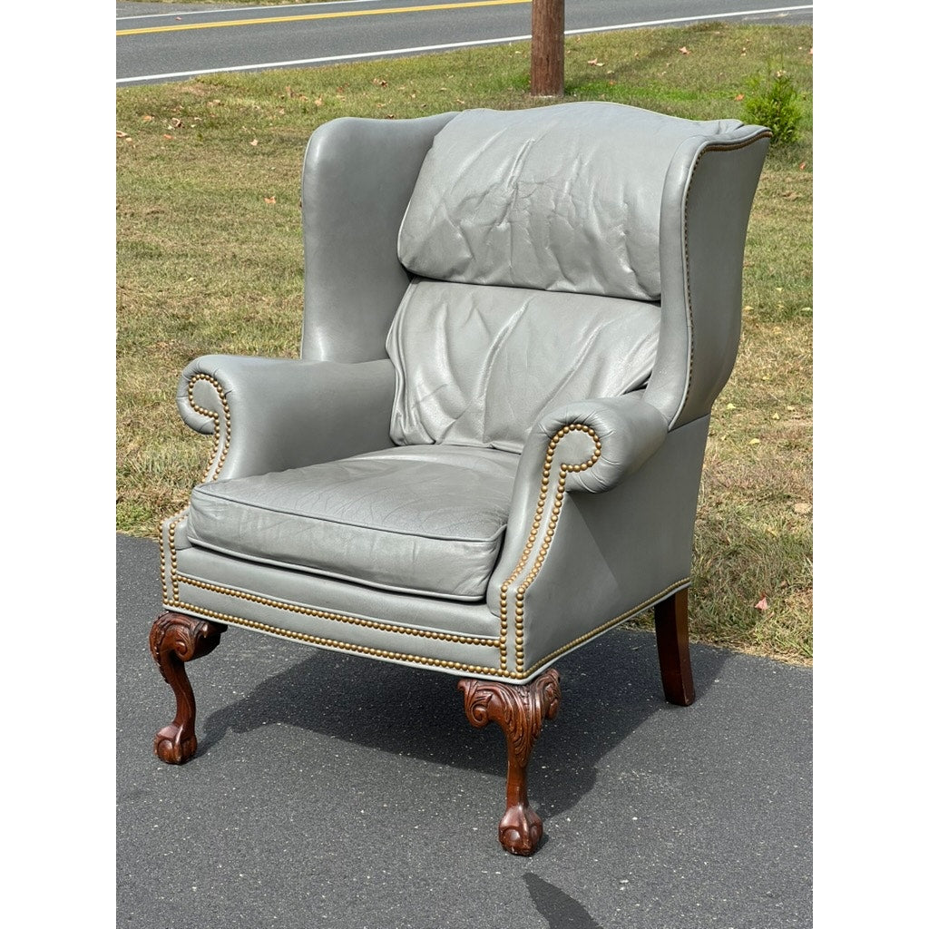 Vintage Grey Leather Chippendale Style Wingback Chair by Fairington