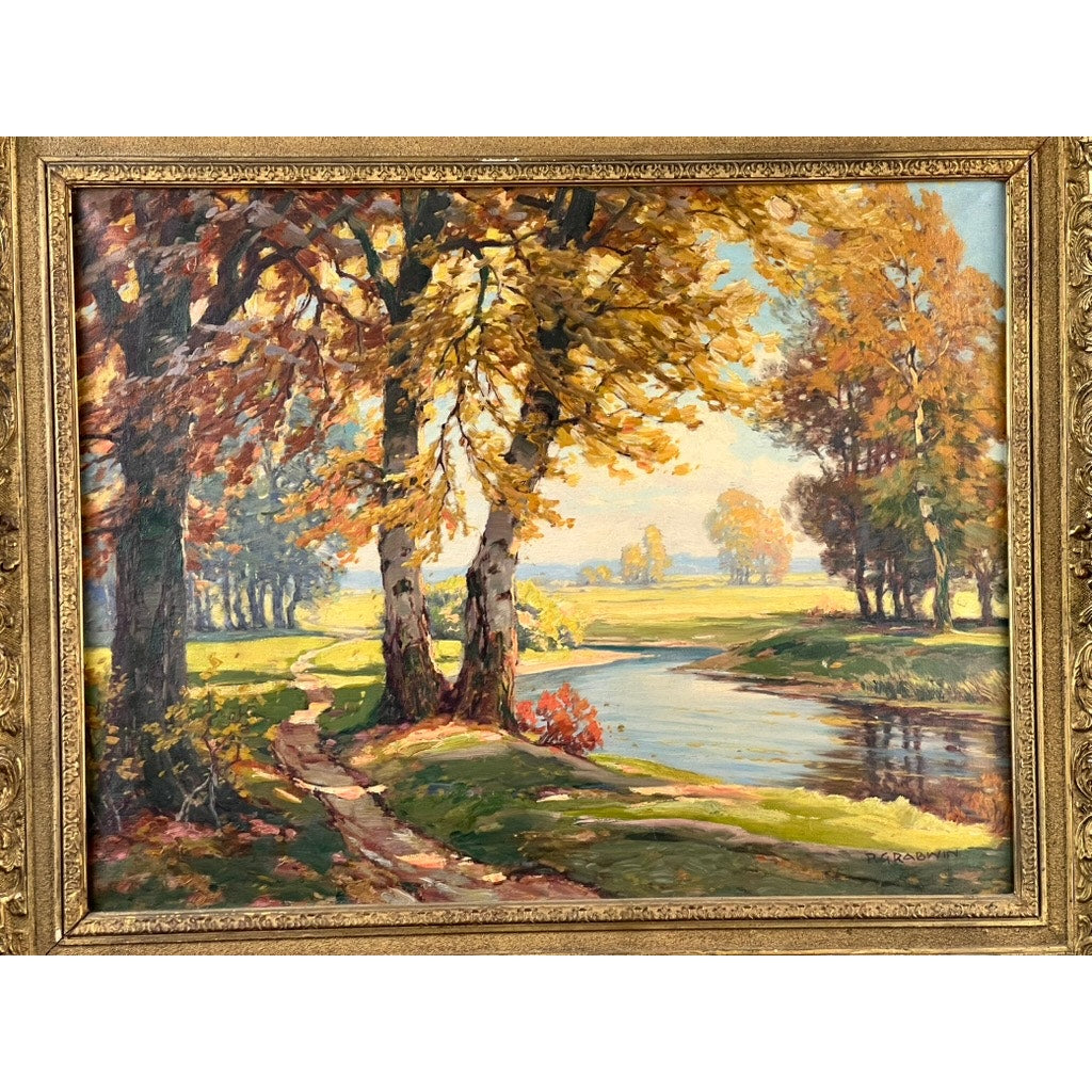 Antique Oil on Canvas Impressionist “Path by a Stream” signed P. Grabwin, early 20th century—features golden autumn trees, a winding path, and calm river under a clear sky, evoking classic serene landscapes. Brand: Unknown.