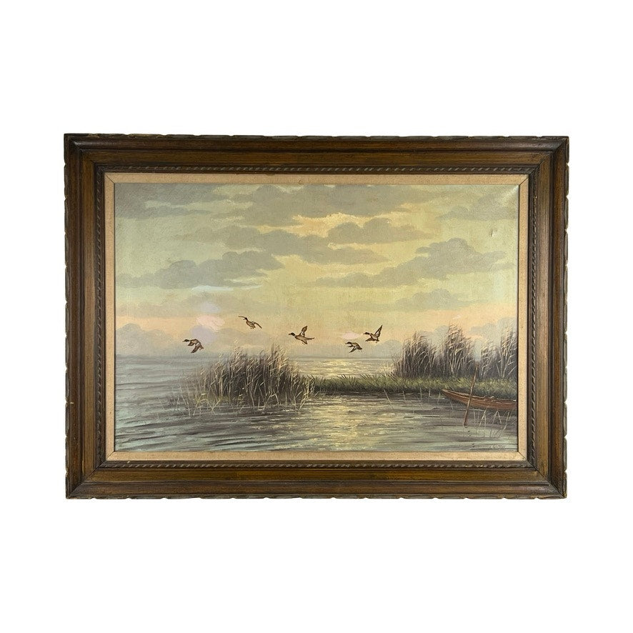 The “Mallards Over Marsh” oil on canvas by Joseph Glotzer features ducks over reeds and water at sunset—a beautiful landscape painting for collectors and art lovers. Brand: None/Unknown.