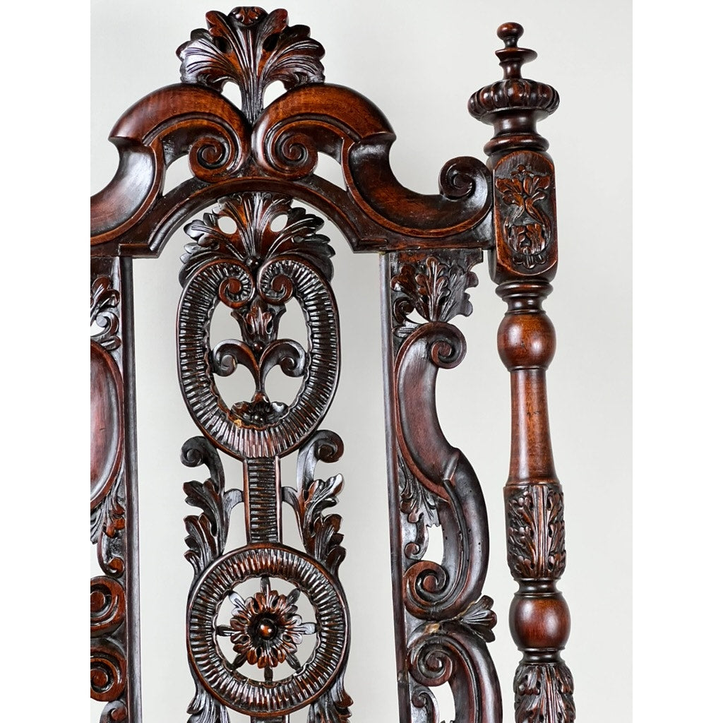 Antique Fine Carved Flemish Side Chair attributed to Daniel Marot, c. late 17th century, featuring ornate floral and scroll designs with rich dark wood tones and detailed spindles and finial. Brand: Unknown.