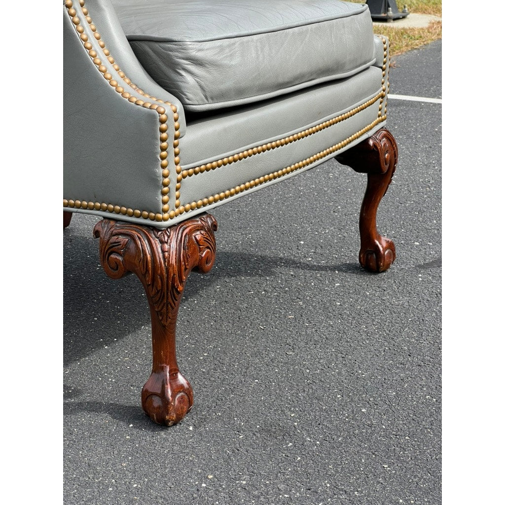 Vintage Grey Leather Chippendale Style Wingback Chair by Fairington