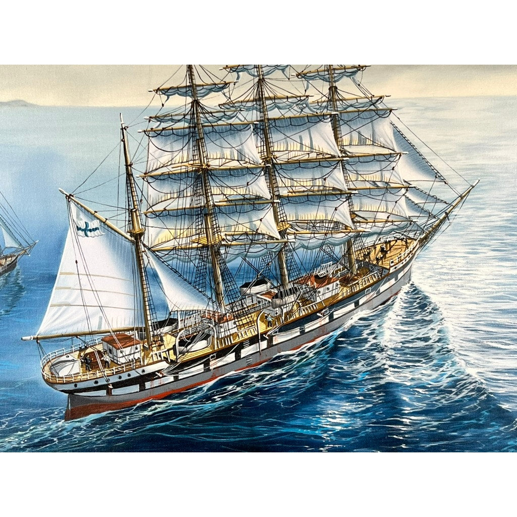 “Barque Archibald Russell 1905” is a signed 1984 oil on canvas painting by John Richard Perry ME, depicting a detailed multi-masted ship with white sails gliding over calm blue water under a bright sky.