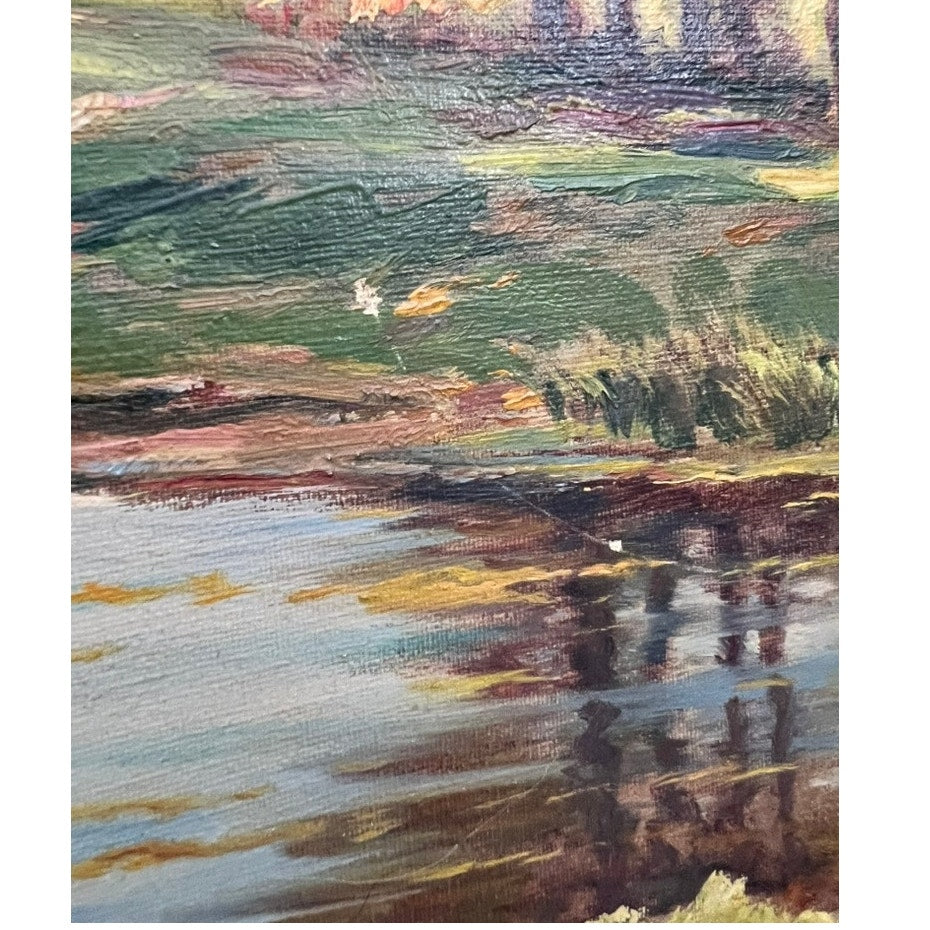 Close-up of "Path by a Stream," an early 20th-century Impressionist oil on canvas signed by P. Grabwin, showing textured brushstrokes, a calm pond with reeds and greenery, and earthy green, brown, and blue tones.