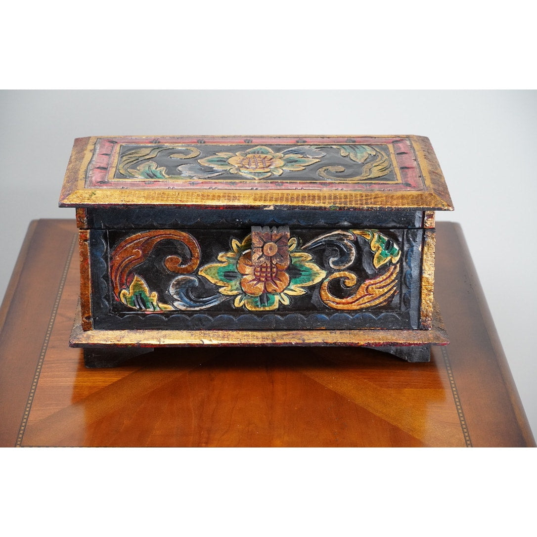 Vintage Indonesian Albacia Wood Carved Painted Box Made in Bali
