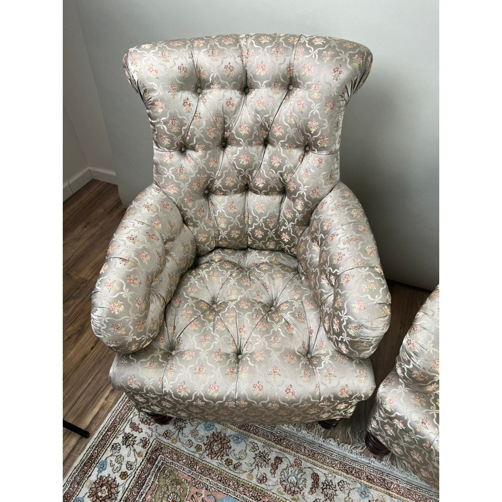 Vintage Pair English Regency Style Tufted Library Chairs in Fine Silk