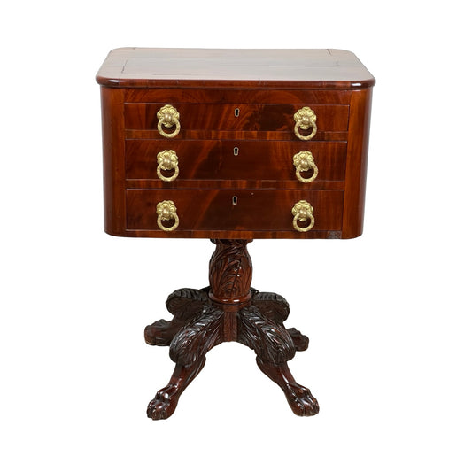 Antique Federal Period Mahogany Three Drawer Stand with Embossed Brass Pulls c. 1820