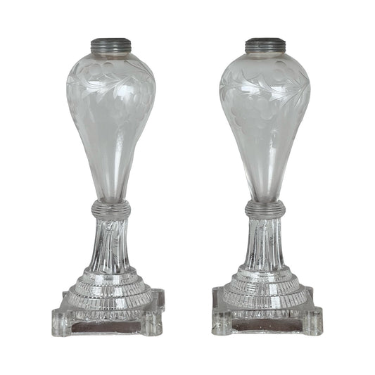 Pair Antique Sandwich Glass Whale Oil Lamps c. 1820