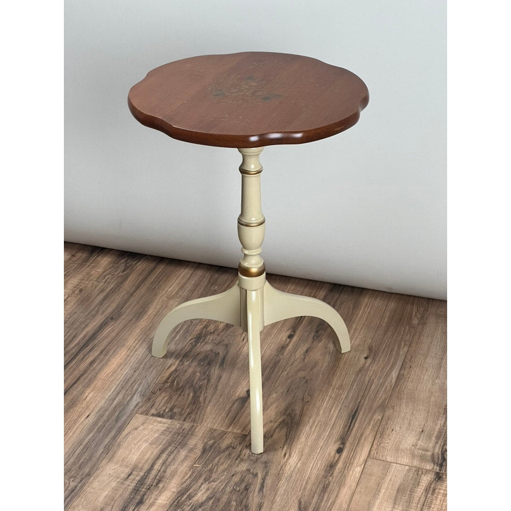 Round Hitchcock maple candle stand with painted pedestal and gilt accents