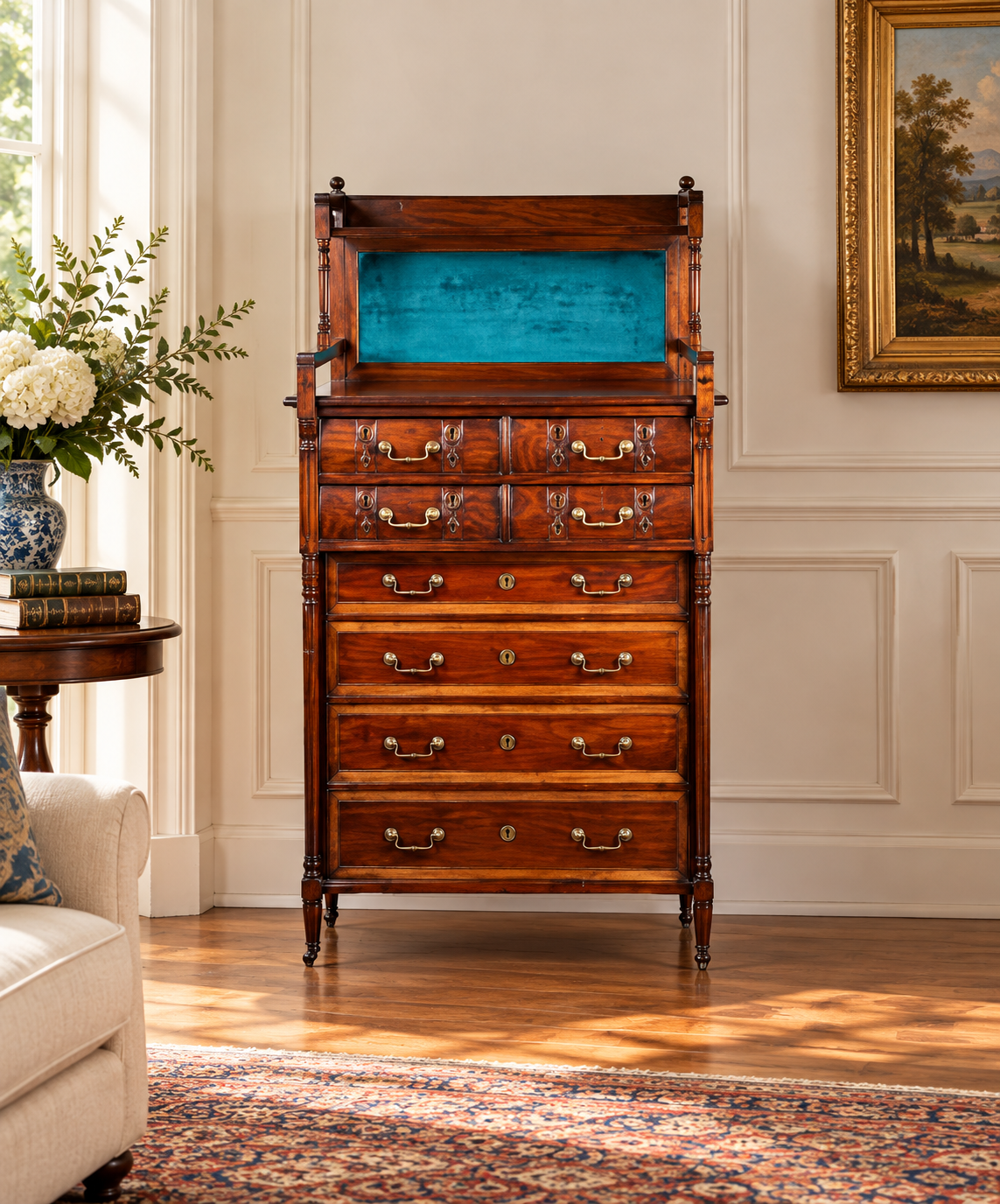 An Antique Victorian Aesthetic Movement Mahogany Four Over Four Gentlemen’s Chest featuring two small top drawers, a blue velvet-lined shelf, four full-width lower drawers, and brass pulls.
