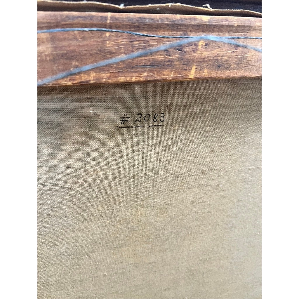Close-up of the back of antique oil on canvas “Path by a Stream” (signed P. Grabwin, early 20th century) showing a wooden stretcher bar at the top and #2083 handwritten in black ink near the upper edge. Brand: Unknown.