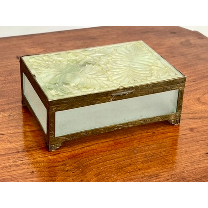 Antique Chinese Brass Bound Jade and Frosted Glass Dresser Box