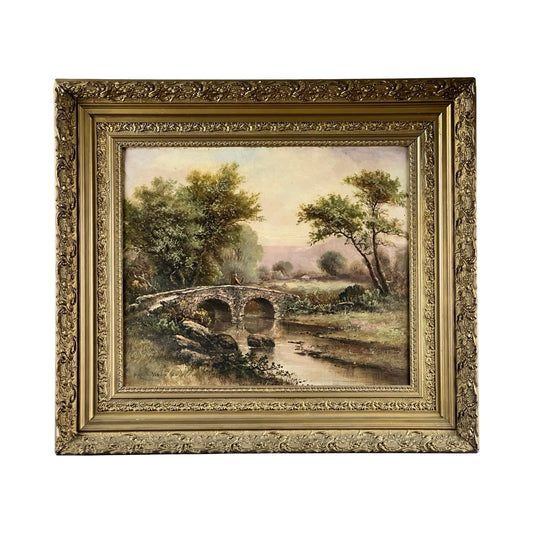 Antique early 20th-century oil on canvas painting titled “Spectacle Bridge,” signed Arthur Davis lower left, depicting a stone bridge over a stream amid trees, in an ornate golden frame. Brand: None/Unknown.