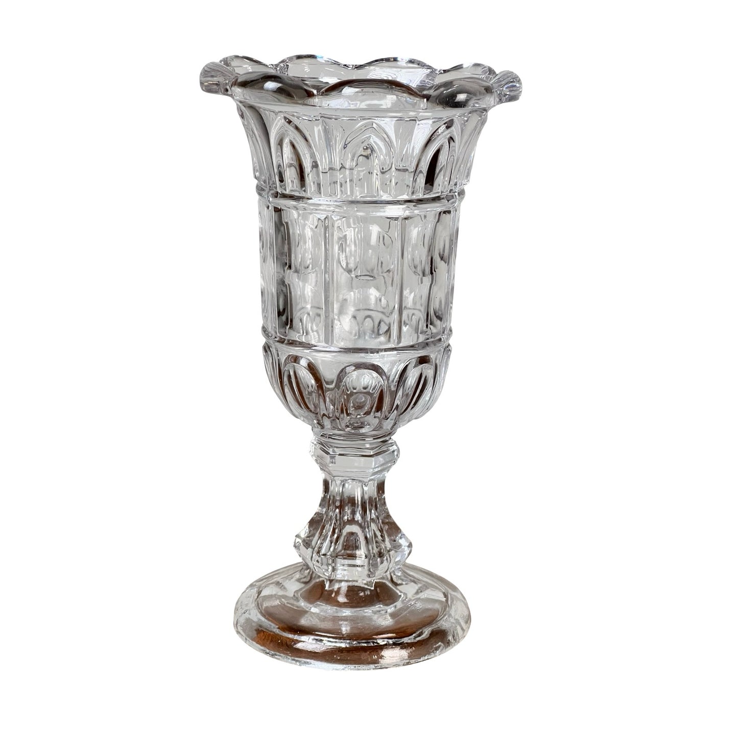 The Sandwich Glass Antique Boston & Sandwich Glass Co. Gothic Arch Pressed Glass Celery Vase (c. 1860–1880) features a clear, ornate Gothic Arch pattern, scalloped rim, and flared pedestal base inspired by classic design.