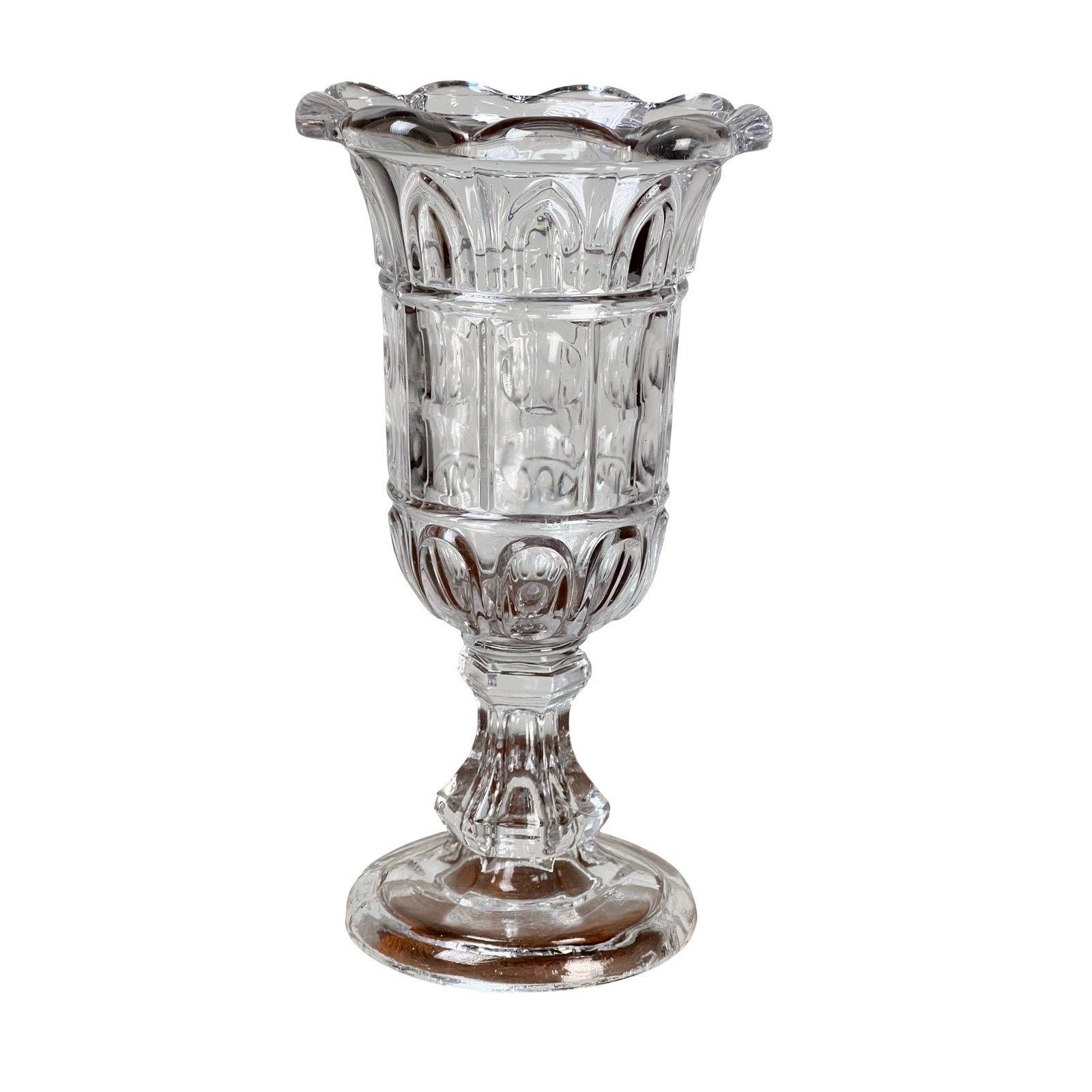 The Sandwich Glass Antique Boston & Sandwich Glass Co. Gothic Arch Pressed Glass Celery Vase (c. 1860–1880) features a clear, ornate Gothic Arch pattern, scalloped rim, and flared pedestal base inspired by classic design.