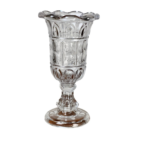 The Sandwich Glass Antique Boston & Sandwich Glass Co. Gothic Arch Pressed Glass Celery Vase (c. 1860–1880) features a clear, ornate Gothic Arch pattern, scalloped rim, and flared pedestal base inspired by classic design.
