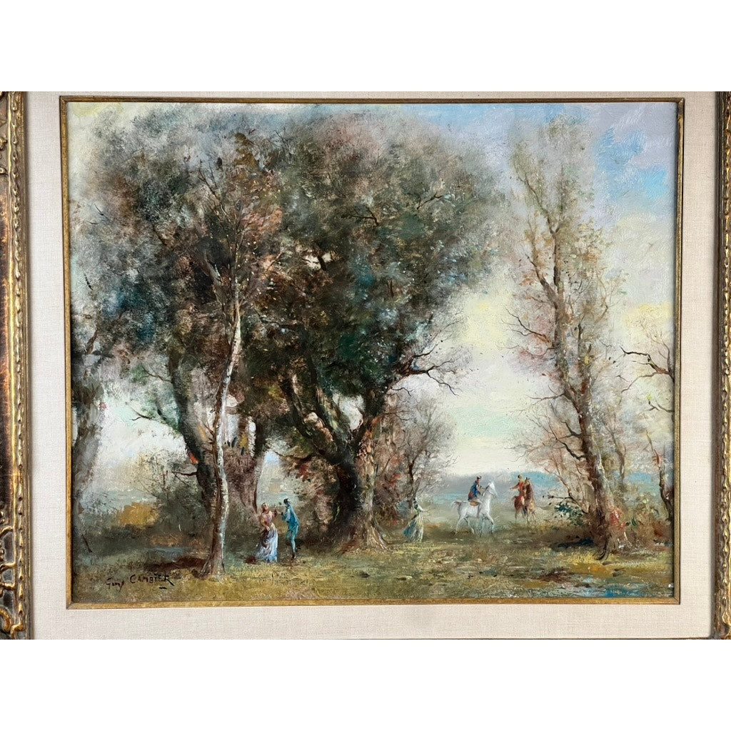 Vintage Guy Cambier Belgian Romantic Landscape Oil Painting with Horsemen, c. 1960–1980, features a serene, impressionistic scene of tall trees and figures on foot and horseback beneath a bright, lightly clouded sky. Brand: None/Unknown.