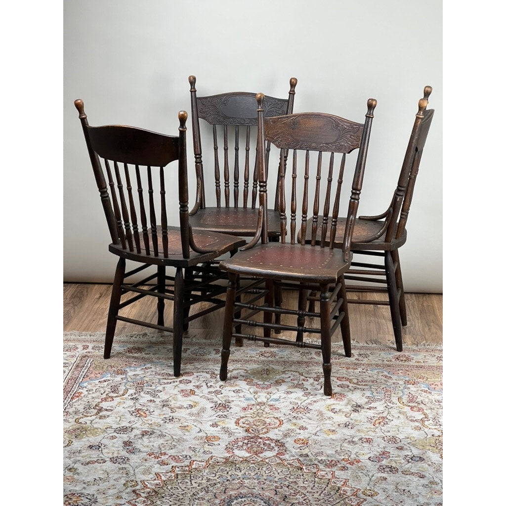 Antique Set of Four Press Back Chestnut Dining Chairs c. 1900