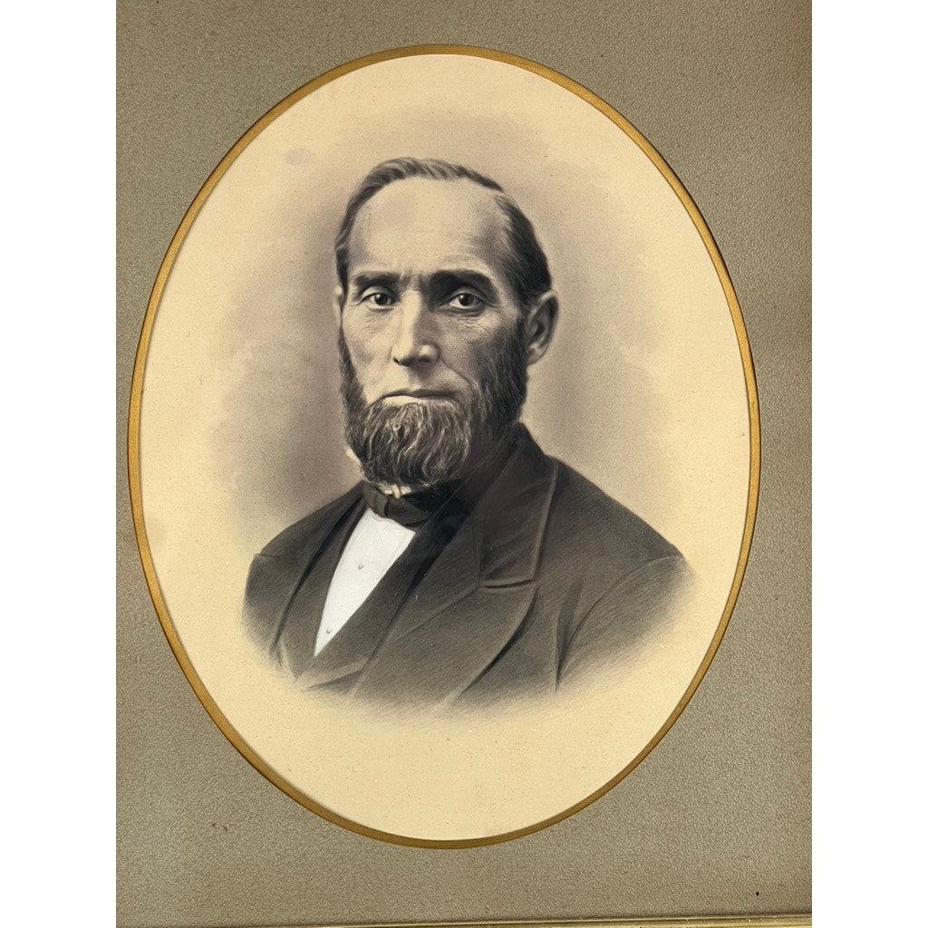 The Antique Civil War Era Portrait of a Gentleman in a gilt wood frame shows an older man with a beard and mustache in dark suit, white shirt, and bow tie, gazing forward seriously against a plain background. Brand: Unknown.