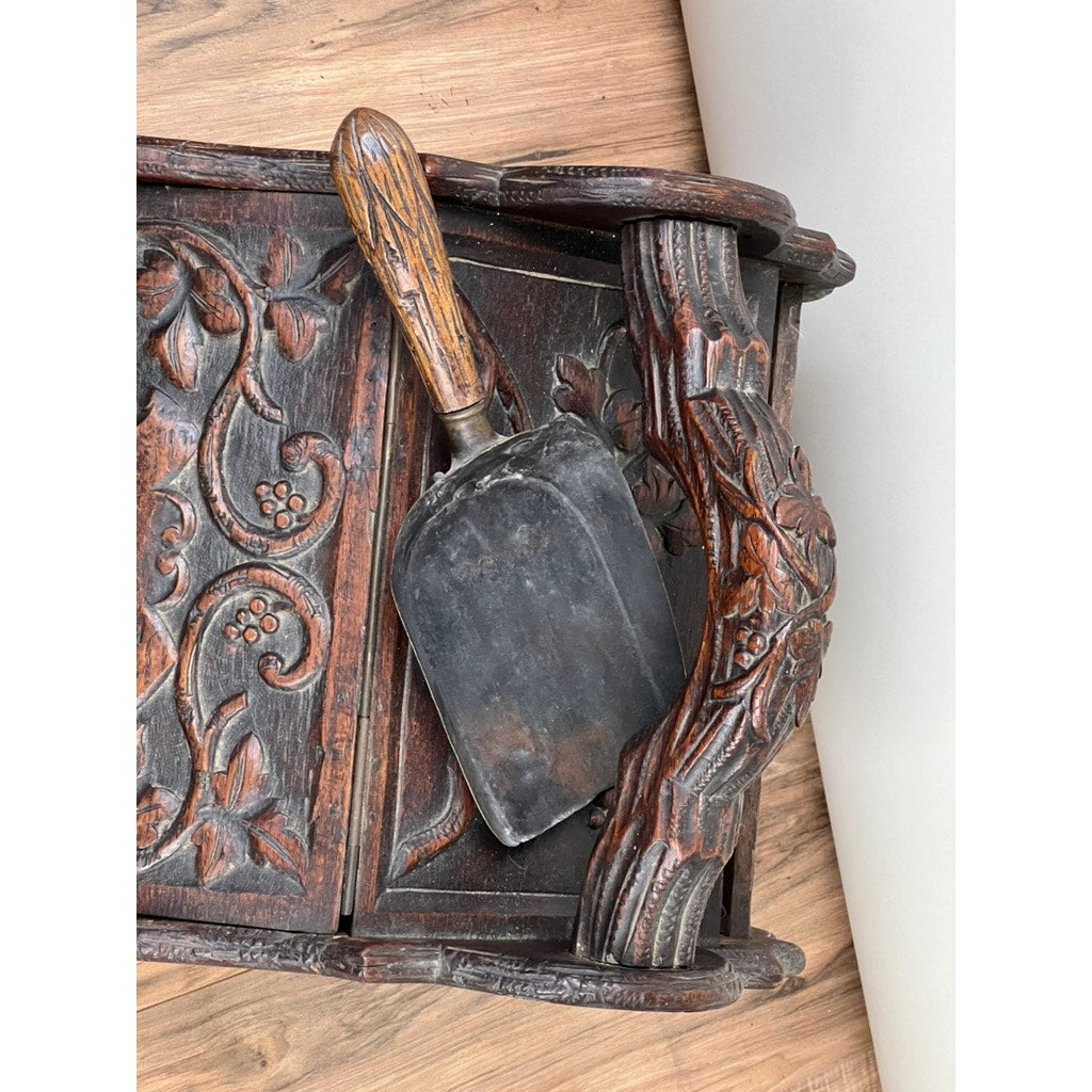 Antique Carved English Oak Coal Scuttle with Liner and Shovel c. 1820