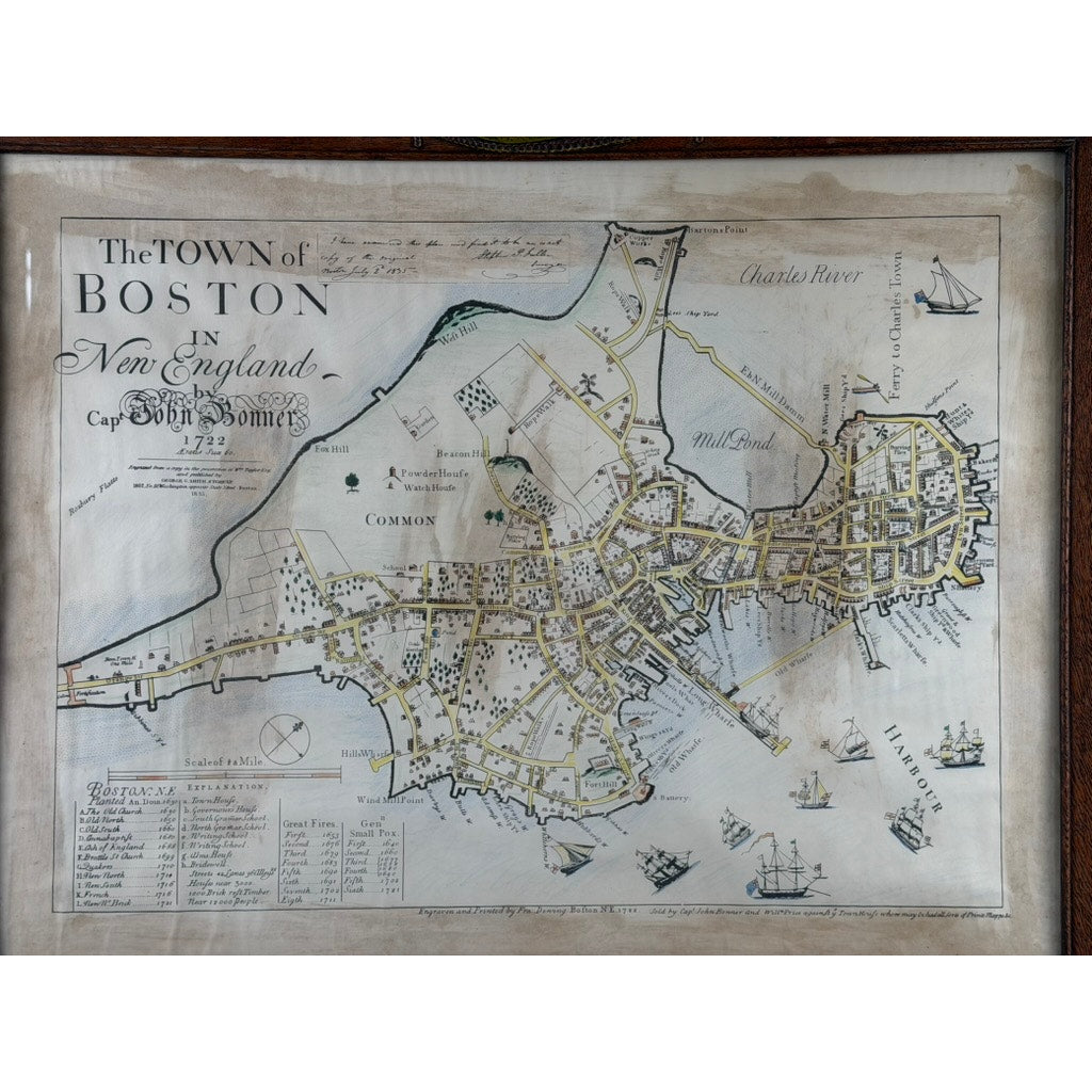 John Bonner “The Town of Boston” Map, After the 1835 George G. Smith Edition, Antique Oak Frame