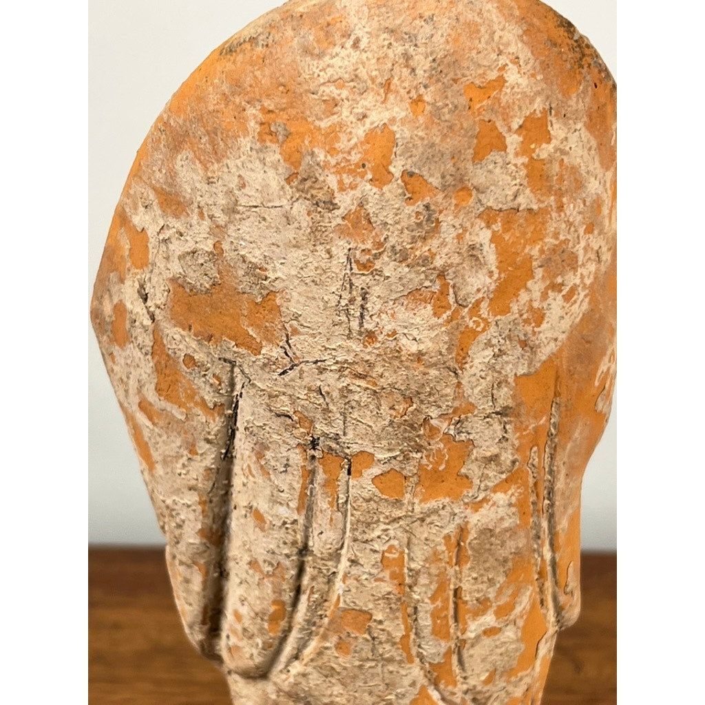 A detailed view of the back of an Antique Chinese Tang Dynasty (618-907 AD) Terracotta Figure of a Standing Court Lady with COA, showing its weathered, cracked surface and eroded details against a plain background. Brand: Unknown.