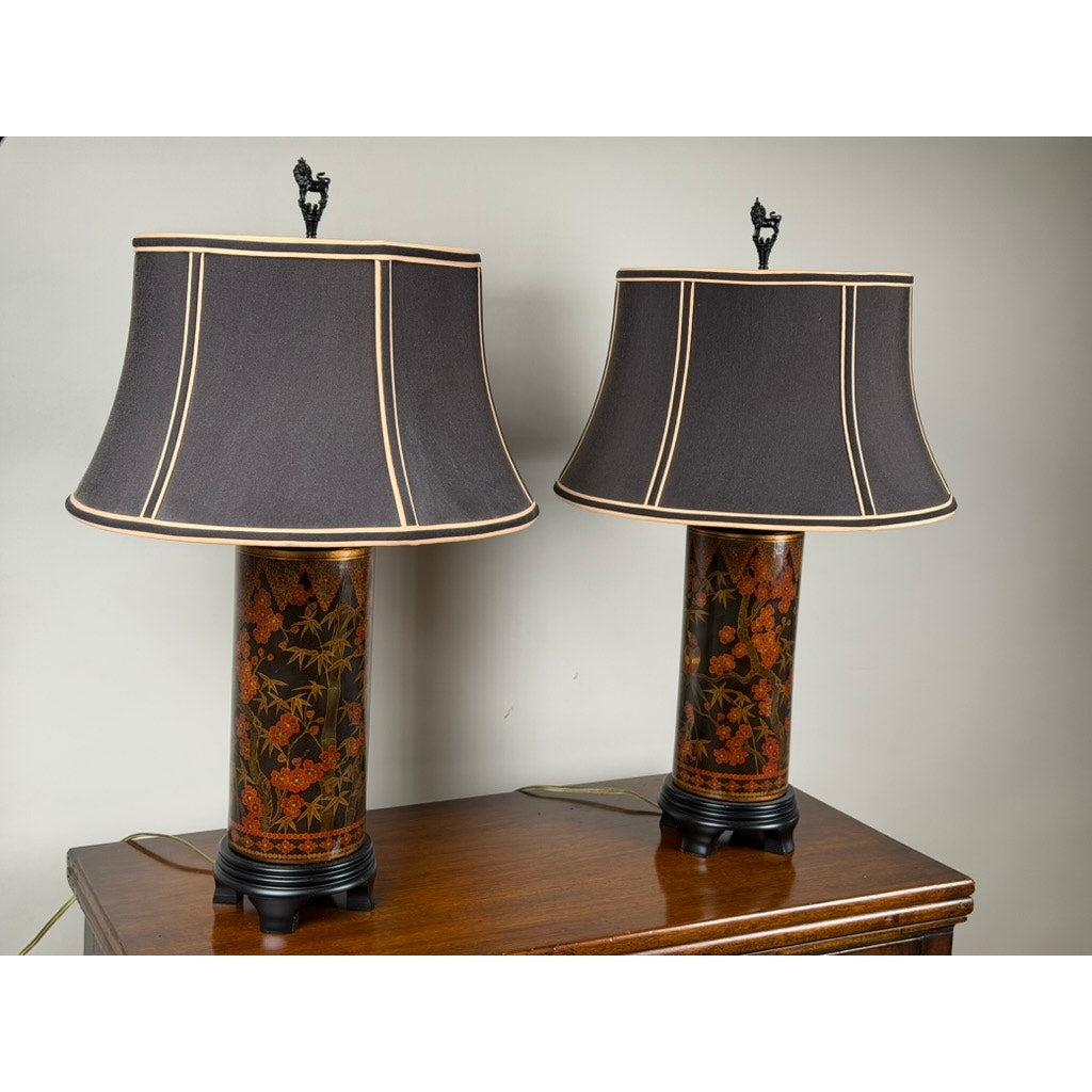 Pair of Frederick Cooper Chinoiserie Lacquer Table Lamps with Foo Dog Finials, 2003