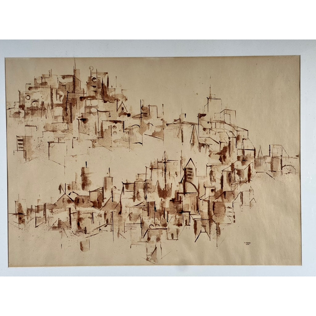 Walter Kamys’s “Assissi” (1955), ink on paper, signed lower right with gallery label en verso, features a modernist abstract cityscape in brown ink on beige paper with geometric buildings and varied linework.