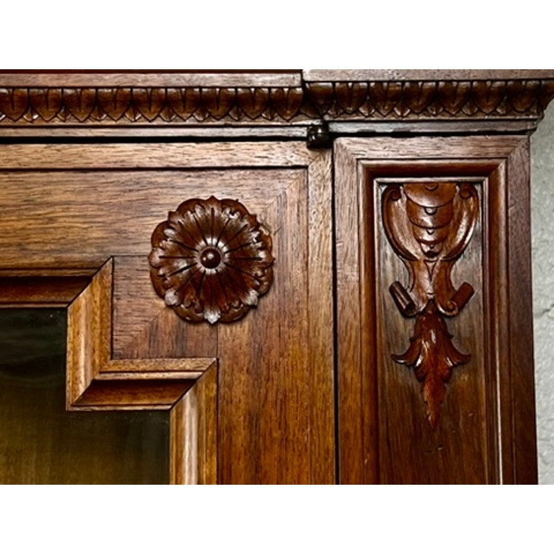 Antique Monumental French Renaissance Revival Solid Walnut Glass Door Bookcase c. Early 20th C.