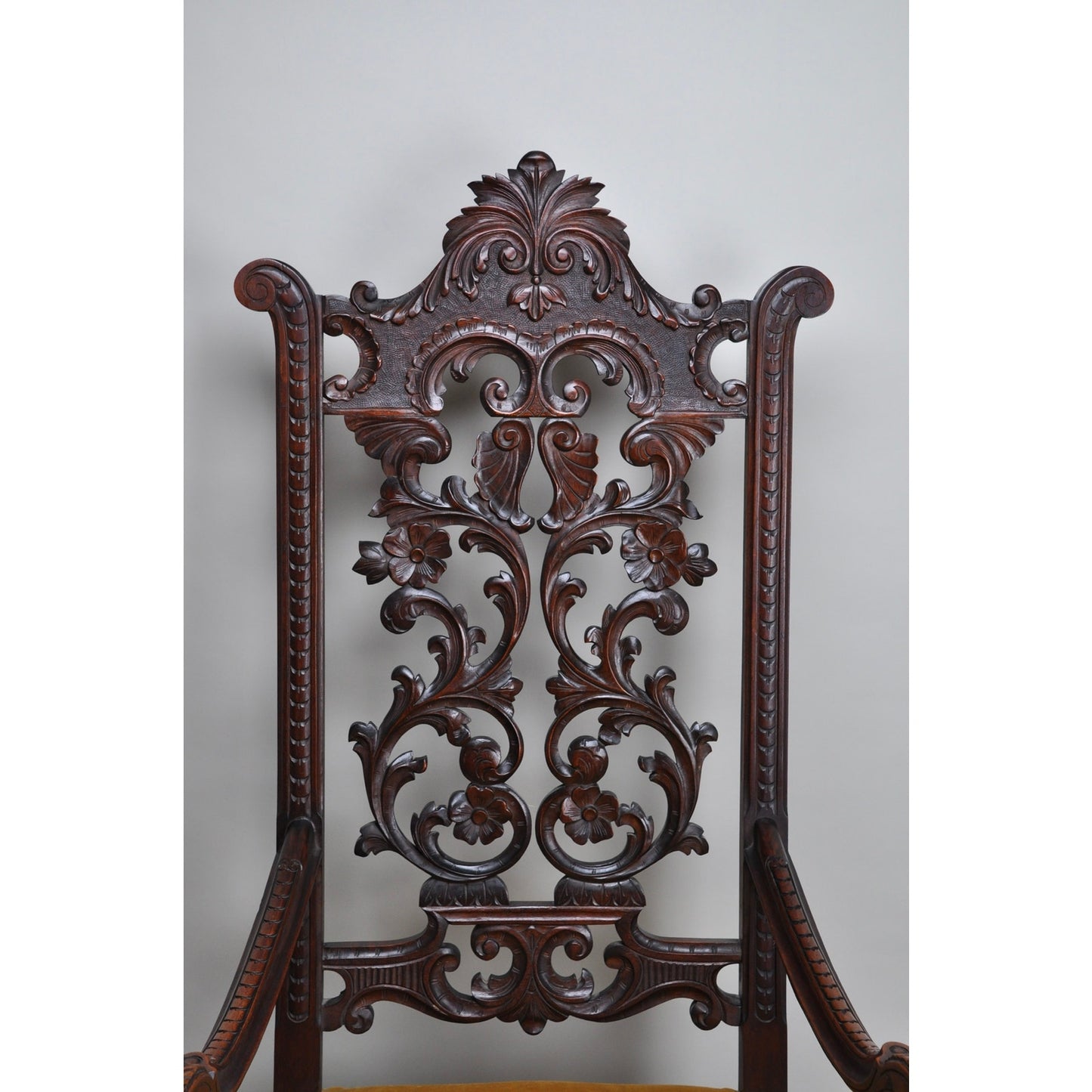 Antique Mahogany Jacobean Acanthus Carved Parlor Throne c. Mid 19th Century