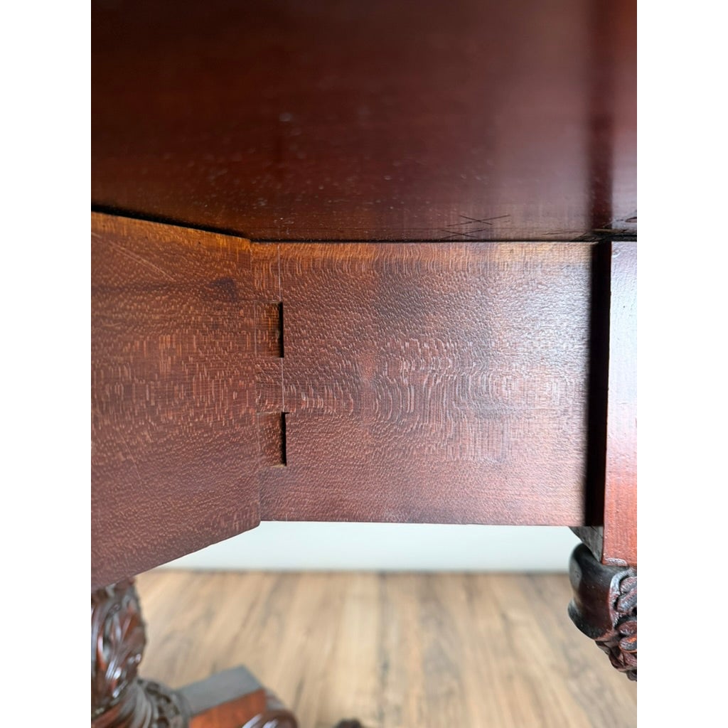 A close-up of a drop-leaf hinge and mahogany joinery on an American Classical Carved Mahogany Drop-Leaf Breakfast Table, c. 1825–1840 Possibly New York or Philadelphia.
