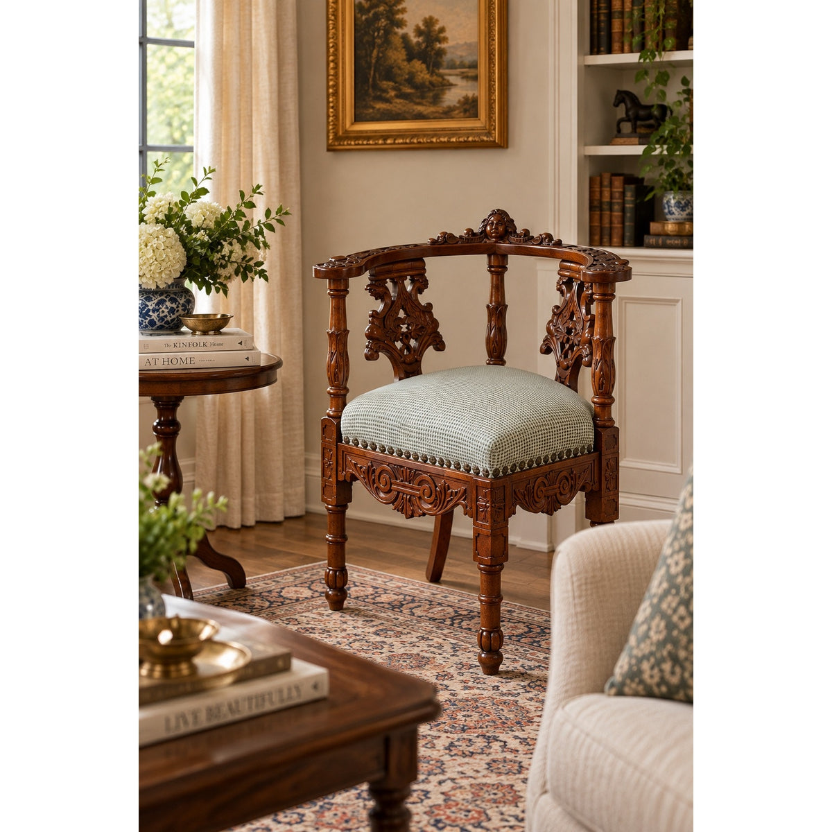 Italian Renaissance Revival Carved Walnut Corner Chair, c.1880