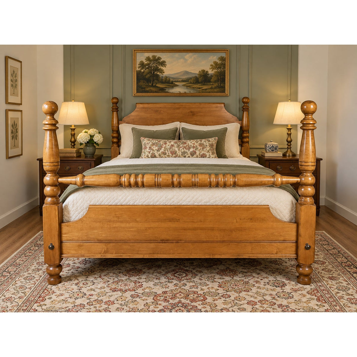 Vintage Rock Maple Cannonball Queen Size Bed made of solid maple, featuring turned posts and a rounded headboard.