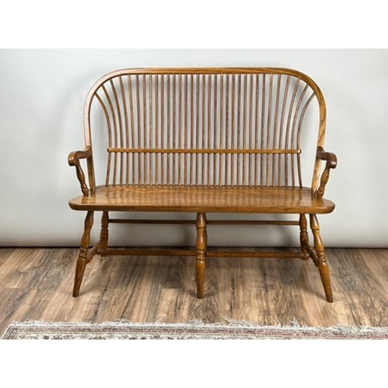 Vintage Amish oak Windsor bench with tall spindle back