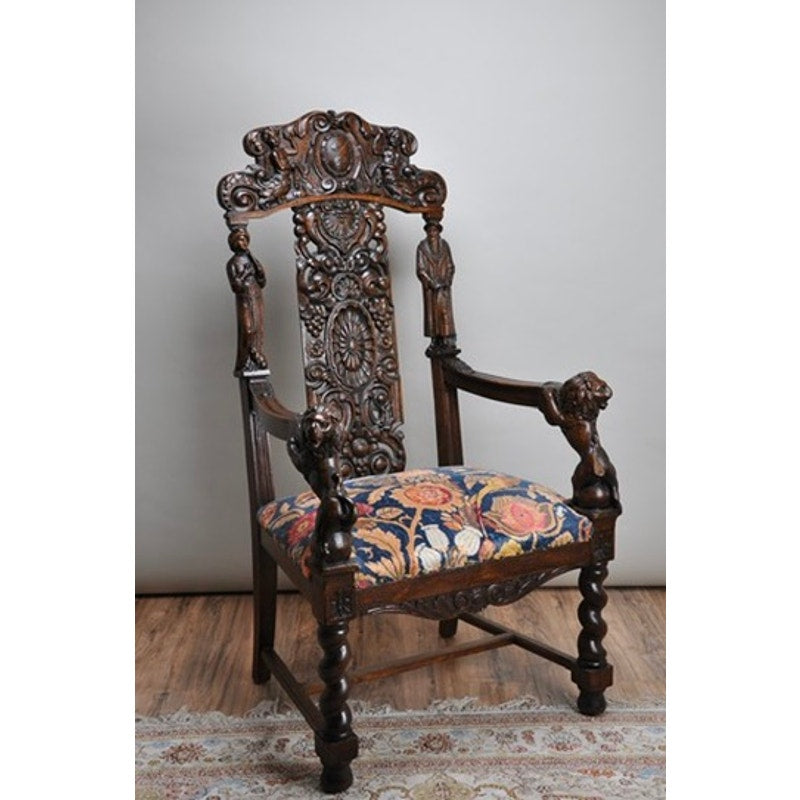 Antique Victorian Oak Heavily Carved Parlor Throne c. 1880