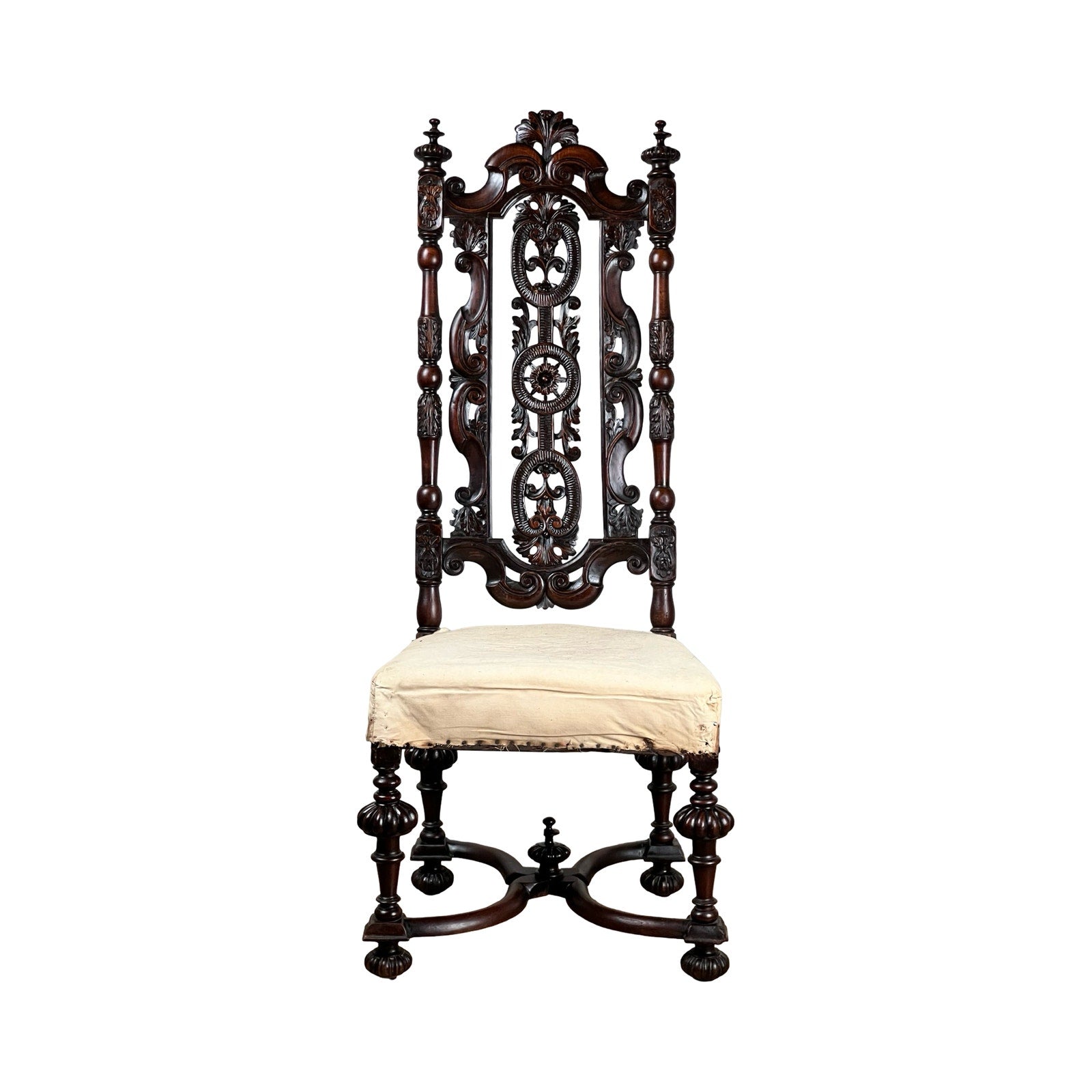 Antique Fine Carved Flemish Side Chair, attributed to Daniel Marot c. late 17th century, features an ornate high back, intricate scrollwork and floral carvings, and a light upholstered seat. Shown against a white background. Brand: Unknown.