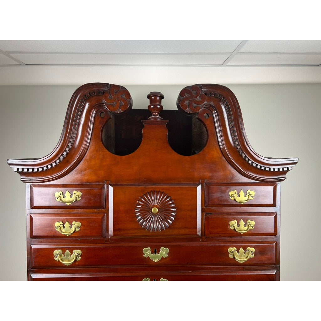 Antique Chippendale Cherry Highboy with Broken Swans Neck Pediment c. Late 18th Century