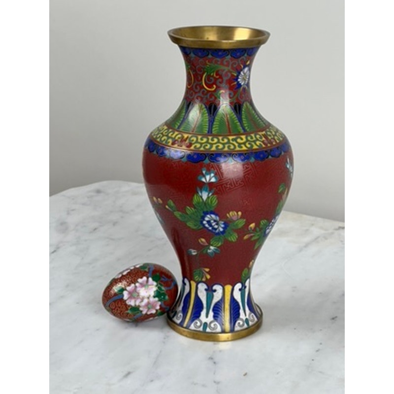 A vibrant Vintage Chinese Cloisonné Vase and Egg, adorned with intricate floral and geometric designs in red, blue, green, and gold enamel, sits on marble—a striking piece of Asian decorative art. Brand: None/Unknown.