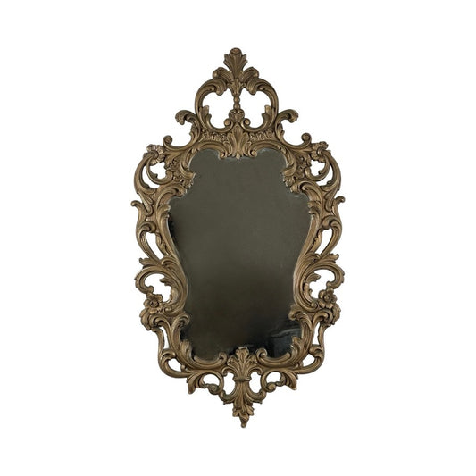 The Vintage Rococo Style Decorators Mirror by Syracuse Ornamental features an ornate gold frame with scrollwork and floral details, displayed against a plain white background.