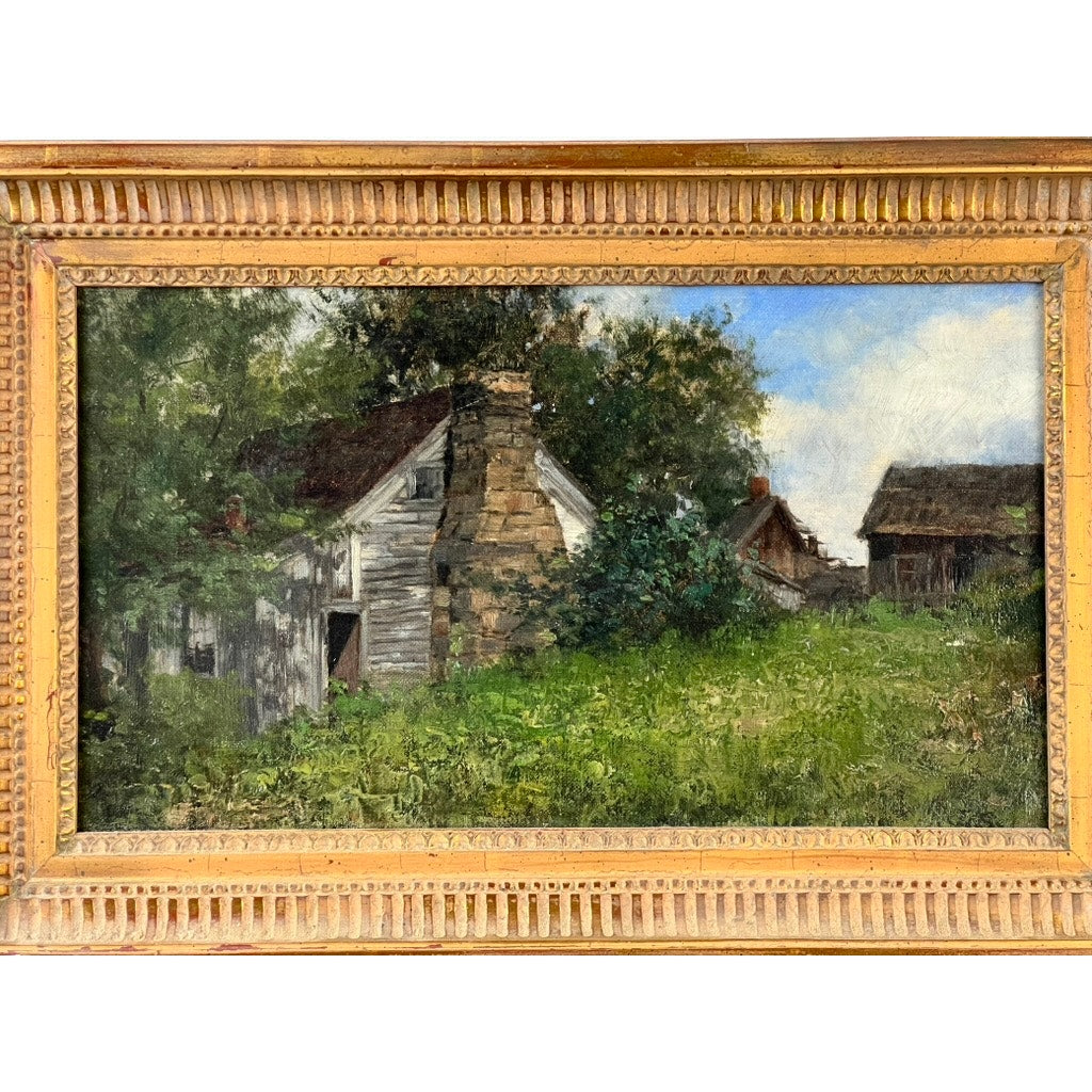 The Antique American School Farmstead Landscape Oil Painting, Circa 1900, features old wooden houses and a stone chimney amid lush greenery beneath a partly cloudy sky, capturing early American rural charm.