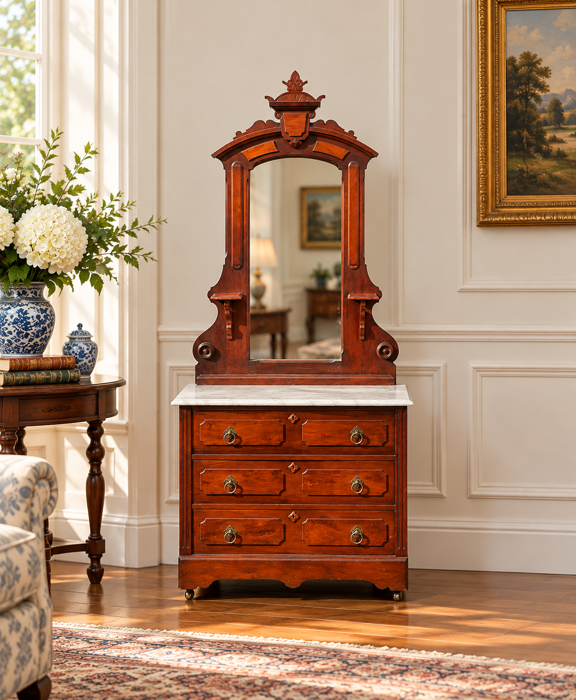 Antique Victorian Marble Top Walnut Chest with Mirror featuring a white marble top and an arched mirror.