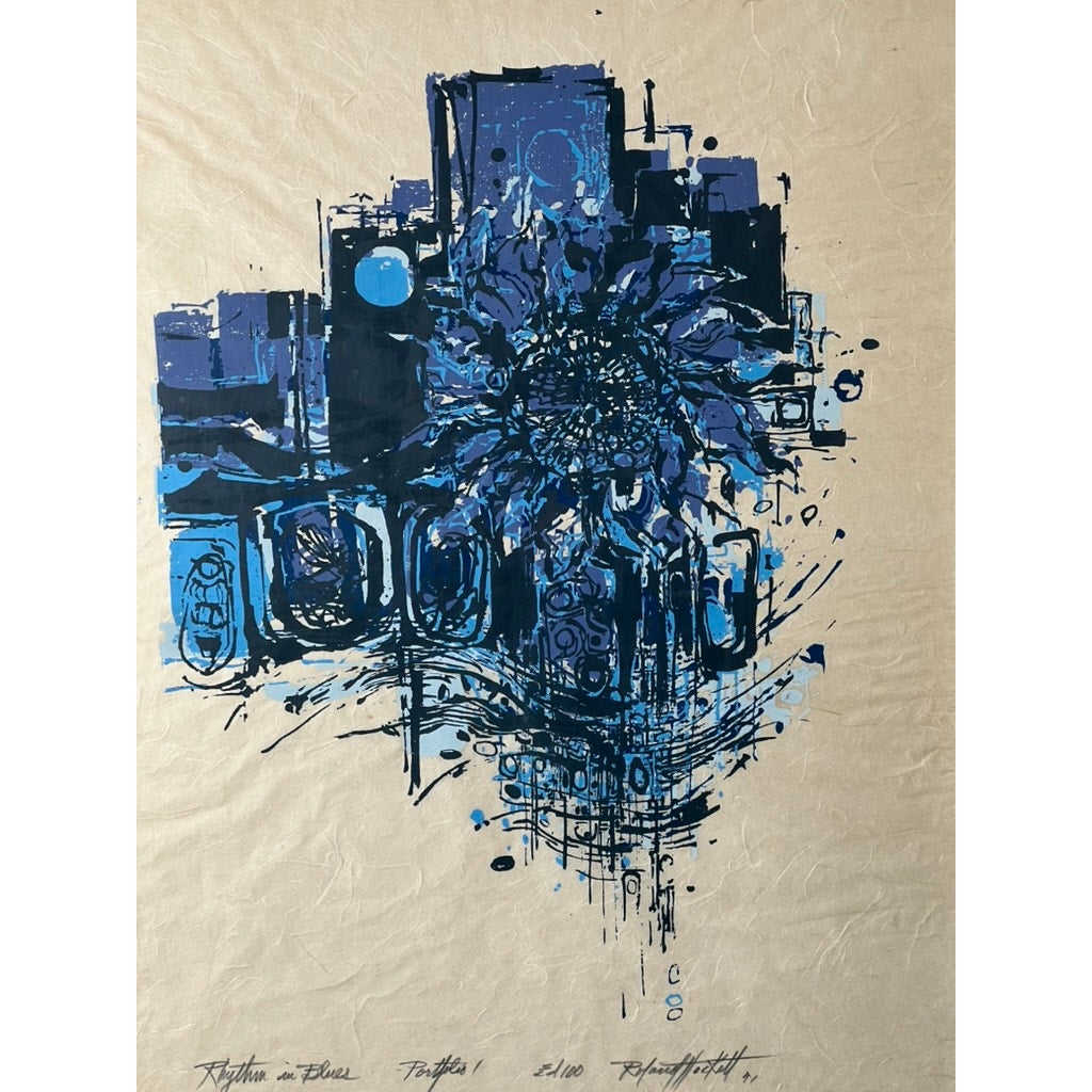 Mid-Century Roland Hockett “Rythm in Blues” Abstract Woodcut Print Signed and Numbered