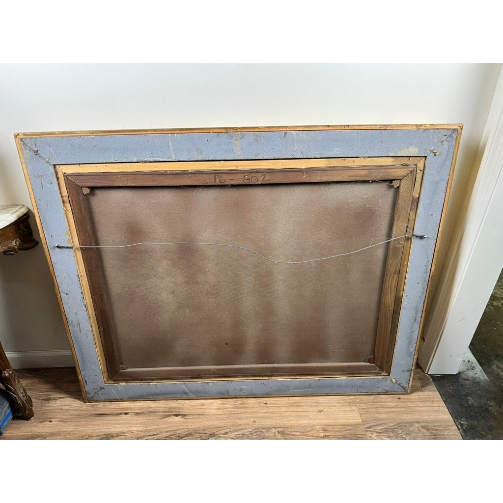 The image shows the back of a large Vintage Oil on Canvas Impressionist Painting of Summer Coastal Scene signed P. Maris, resting against a white wall on a wooden floor. The wooden frame has hanging wire and a faded marking on the canvas.