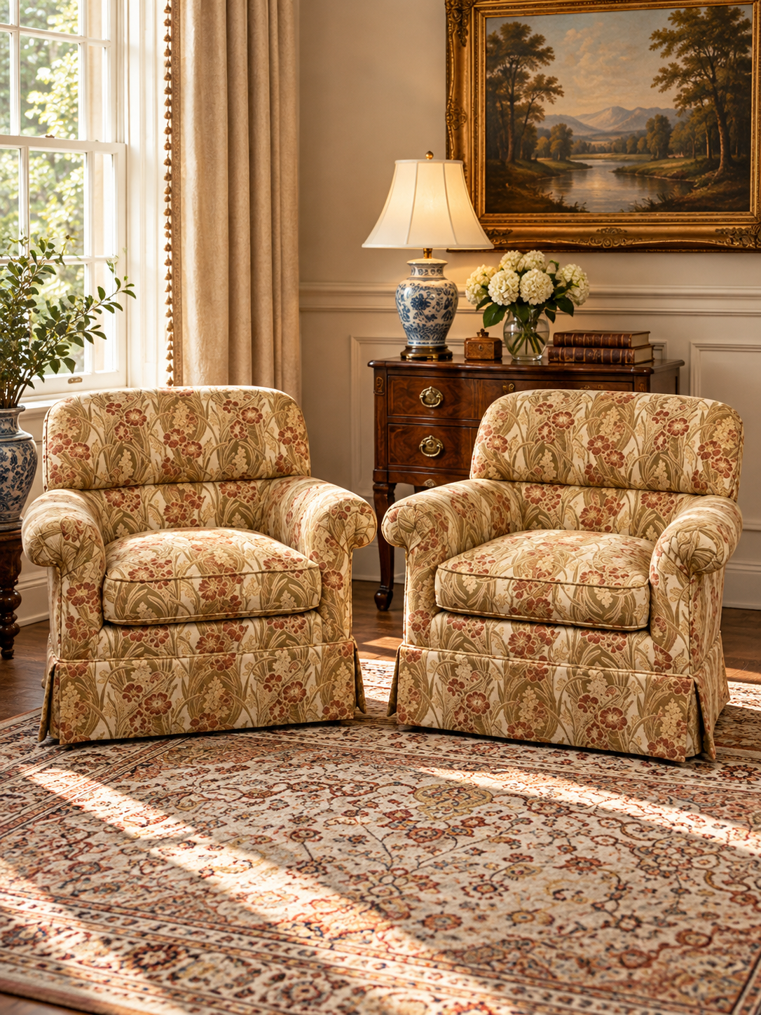 A pair of Pearl City Antiques vintage custom upholstered club chairs—one swivel and one fixed in floral fabric—sit on an ornate rug in a room with a wooden chest and a landscape painting.