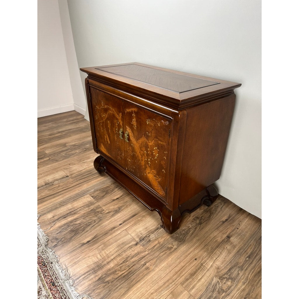 Vintage Broyhill Walnut Parquetry Asian Console Cabinet