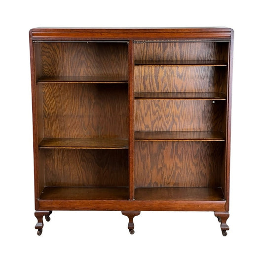Antique Edwardian Oak Open Bookcase with Curtain Rods c. 1910