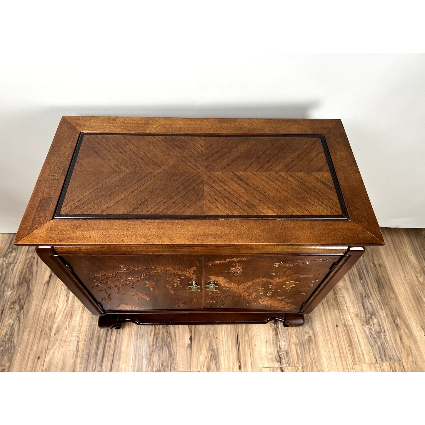 Vintage Broyhill Walnut Parquetry Asian Console Cabinet