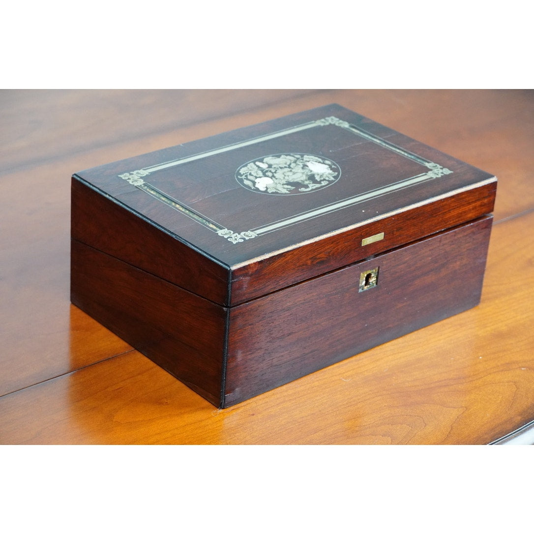 Antique Napoleon III Rosewood Lap Desk with Brass and Mother of Pearl Inlay