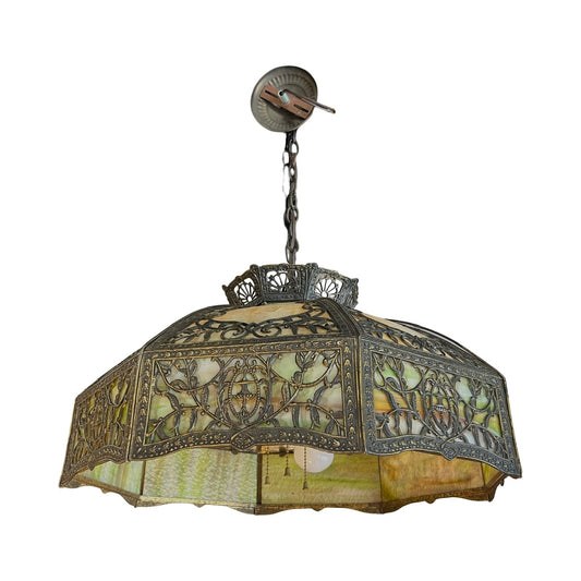 Antique Art Nouveau slag glass hanging lamp c.1920 with amber and green panels
